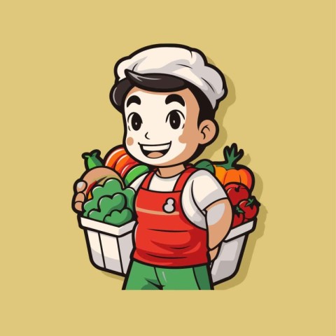 Illustration of a Cute Male Chef Holding a Basket Full of Vegeta