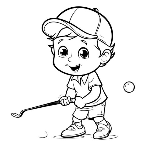 Little boy playing golf - Black and White Cartoon Illustration.