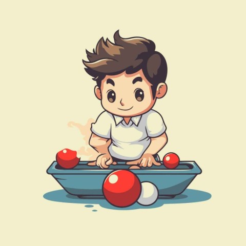 Cute boy playing billiards. Vector illustration in cartoon style