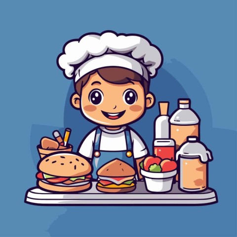 Cute little boy in chef uniform with hamburger. Vector illustrat