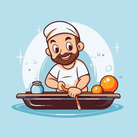 Cute cartoon chef with a spoon in a boat. Vector illustration.