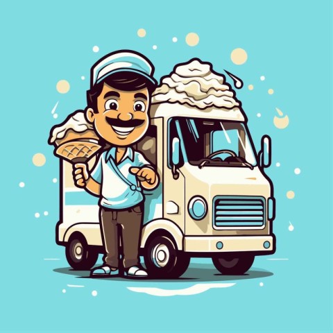 Cartoon delivery man with ice cream truck. Vector illustration f