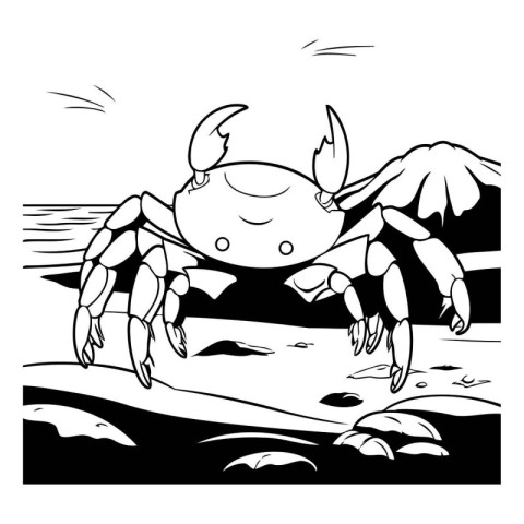 Crab on the beach. Black and white vector illustration for color