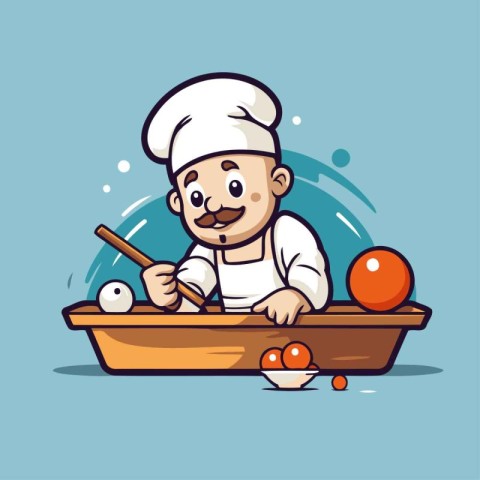 Chef playing billiards in a boat. Vector illustration.