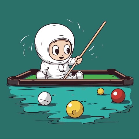 Cartoon boy playing billiards on a green background. Vector illu