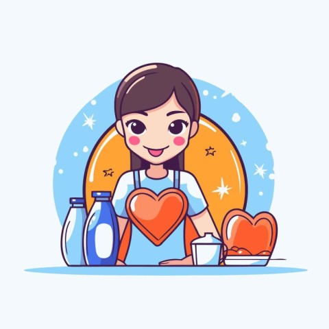 Cute little girl in apron having breakfast. Vector illustration.