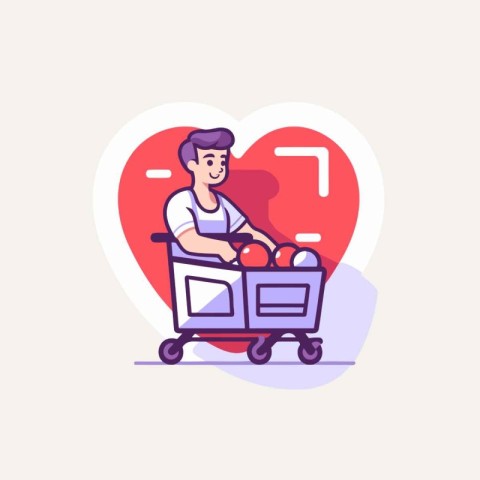 Vector illustration of delivery man with trolley full of food an