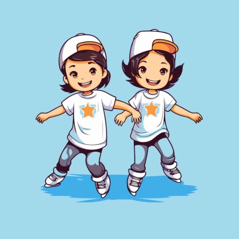 Boy and girl roller skates. Vector illustration of cartoon chara