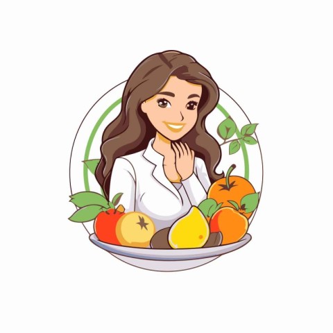 Woman with a plate of fruits. Vector illustration on white backg