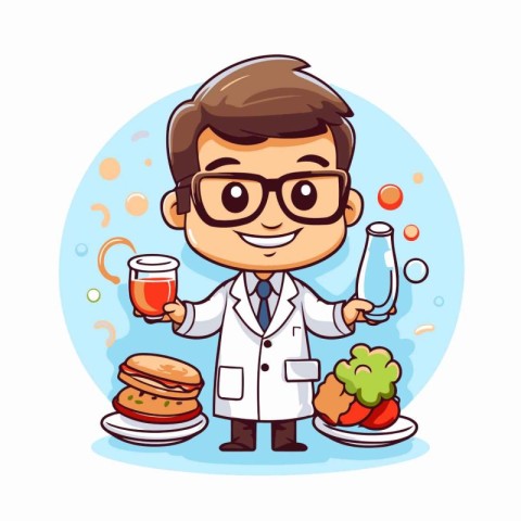 Cartoon funny doctor holding a glass of juice and burger. Vector