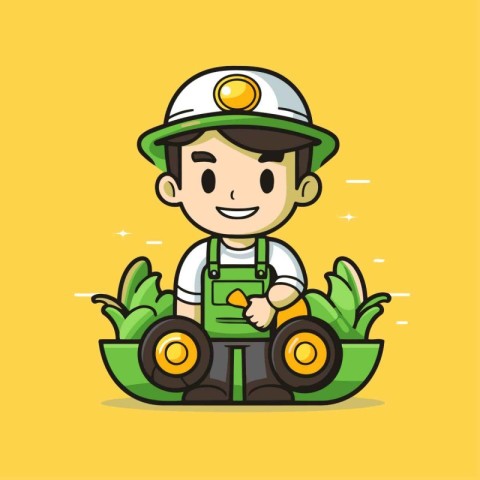 Cute cartoon farmer driving a tractor. Flat design vector illust