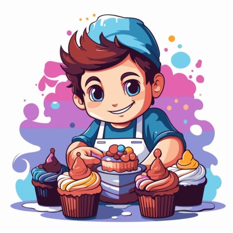 Cute boy baking cupcakes. Vector illustration in cartoon style.