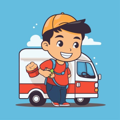 Cute little boy with backpack and delivery truck. Vector illustr