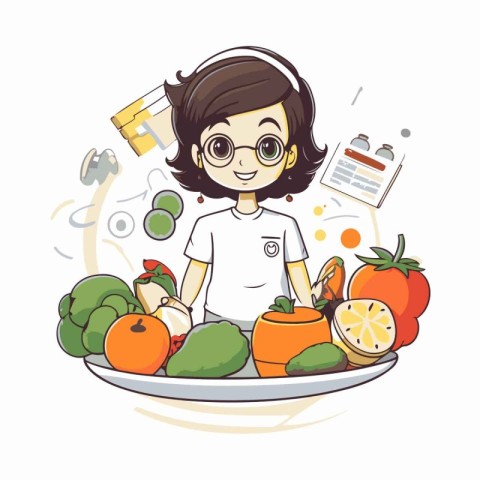 Vector illustration of a cute girl with fruits and vegetables in