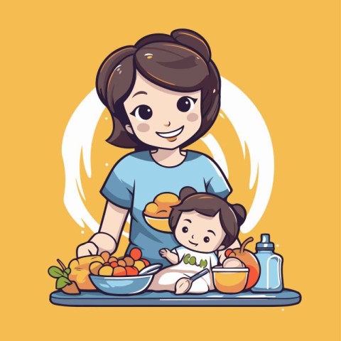 Mother and daughter cooking healthy food. Vector illustration in