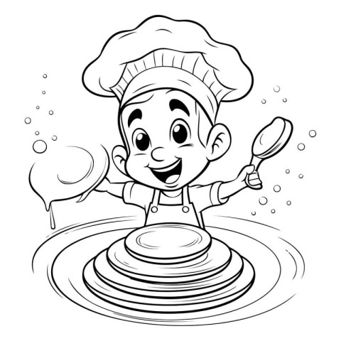 Black and White Cartoon Illustration of Cute Little Boy Chef Coo