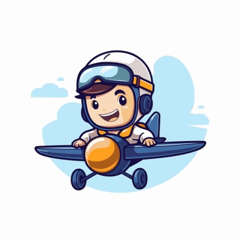 Cute boy pilot with airplane isolated on white background. Vecto