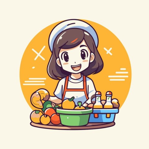 Cute little girl cooking in the kitchen. cartoon vector illustra