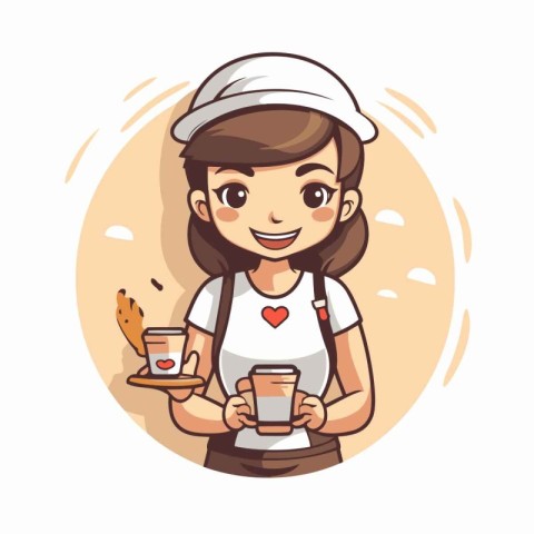 Coffee shop female character holding coffee cup and baguette