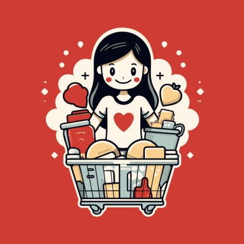 Cute cartoon girl with shopping cart full of food. Vector illust