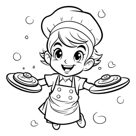 Black and White Cartoon Illustration of Cute Little Chef Boy Cha