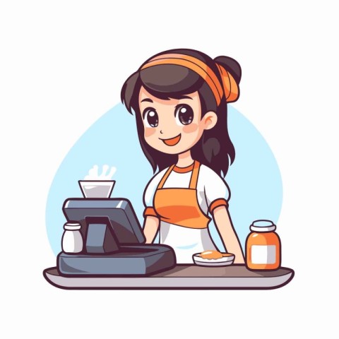 Cute little girl cooking in the kitchen. Vector illustration in