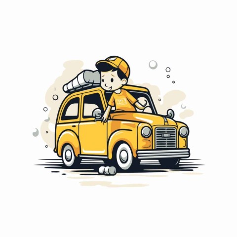 Illustration of a cartoon fireman on a yellow car. Vector illust