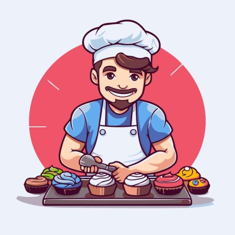 Chef cooking muffins. Vector illustration in a cartoon style.