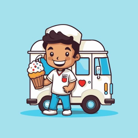 cute chef with ice cream truck and cupcake vector illustration d