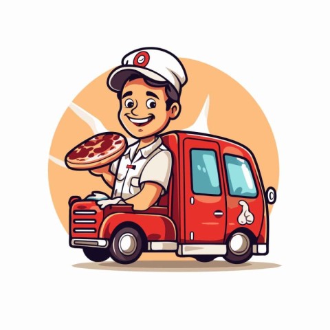 Pizza delivery boy vector illustration. Cartoon pizza delivery b