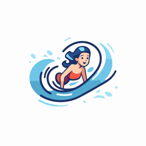 Swimming girl with surfboard in the ocean. Vector illustration.