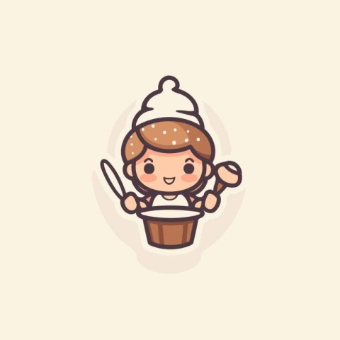 Cute boy in a hat with a spoon and a pot of soup. Vector illustr