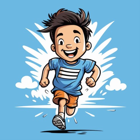 Vector illustration of a boy running on a blue background with c