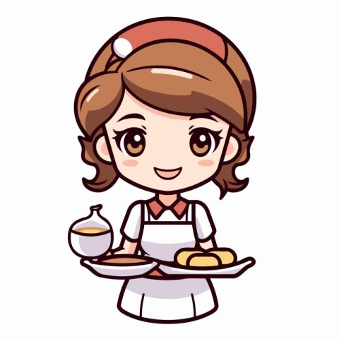 Cute Cartoon Waitress Holding Tray Of Food Vector Illustration.