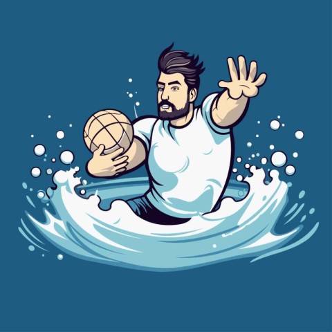 Bearded man playing basketball on the water. Vector illustration