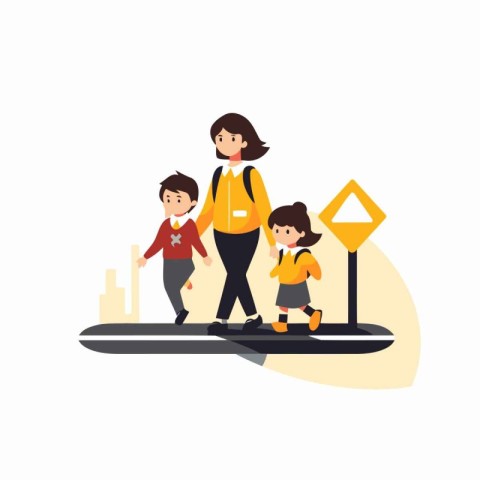 Mother and children crossing the road. Vector illustration in fl