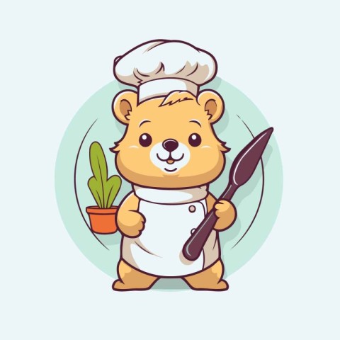 Cute hamster chef holding a knife and a shovel. Vector illustrat