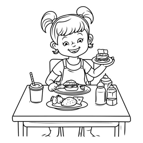 Coloring Page Outline Of a Little Girl Dining at the Table