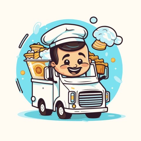 Cartoon chef with food truck. Vector illustration in cartoon sty