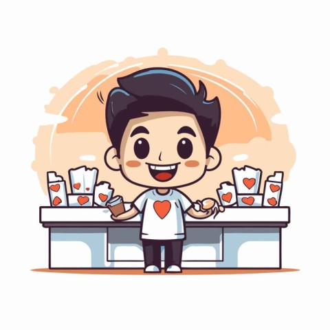 Cheerful boy playing poker in the casino. Vector illustration.