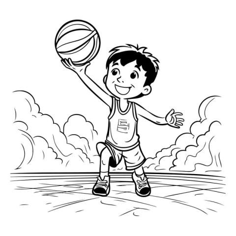 Boy playing basketball. Black and white vector illustration for