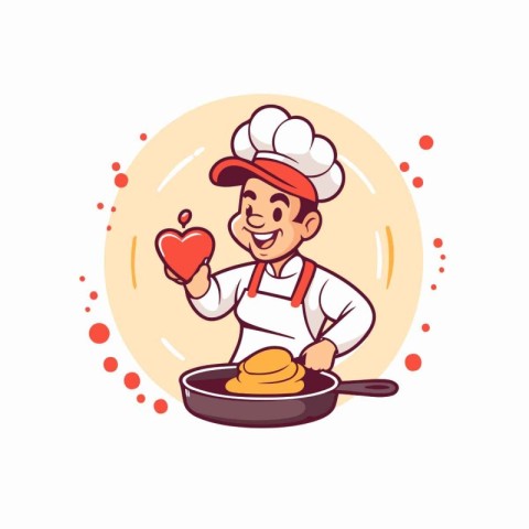 Chef cooking pancakes in a pan. Vector illustration in cartoon s