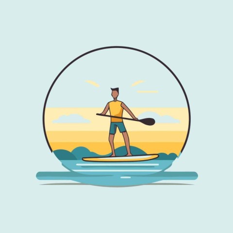 Man on Stand Up Paddle Board. Flat Vector Illustration.