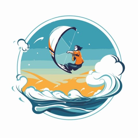 Kitesurfer on the waves in the sea. Vector illustration