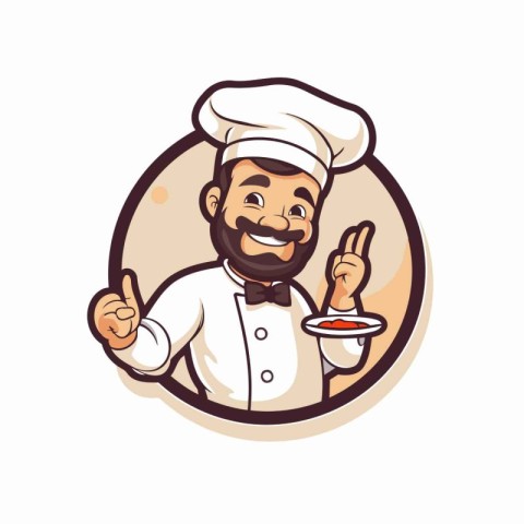 Chef holding a plate with a cake and showing thumbs up. Vector i