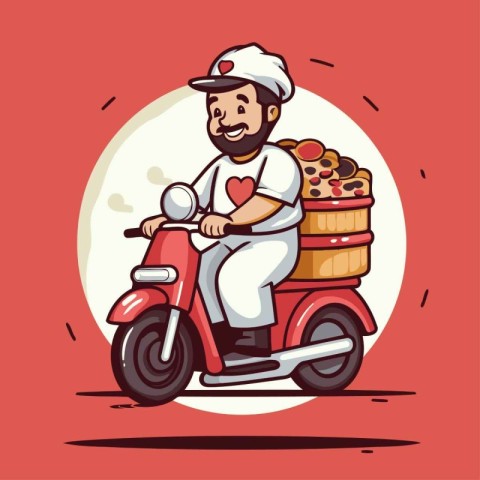 Illustration of a pizza delivery man on a red scooter.