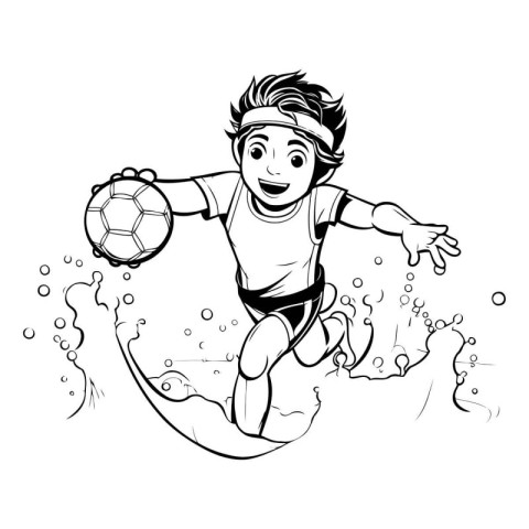 Little boy playing soccer on the beach. Vector illustration in c