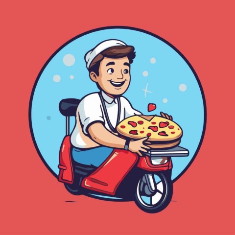 Illustration of a pizza delivery boy riding a scooter delivering