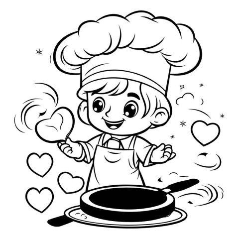 Black and White Cartoon Illustration of Cute Little Boy Chef Coo