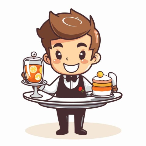 Cute cartoon waiter holding a tray of pancakes. Vector illustrat